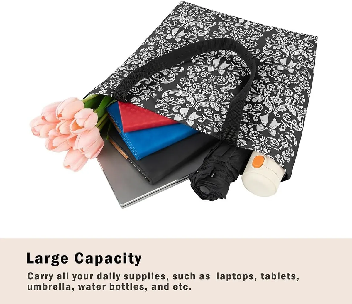 Bow Knot Canvas Tote Bag for Women,Antique Victorian Damask Bowknot Travel Toiletry Bag