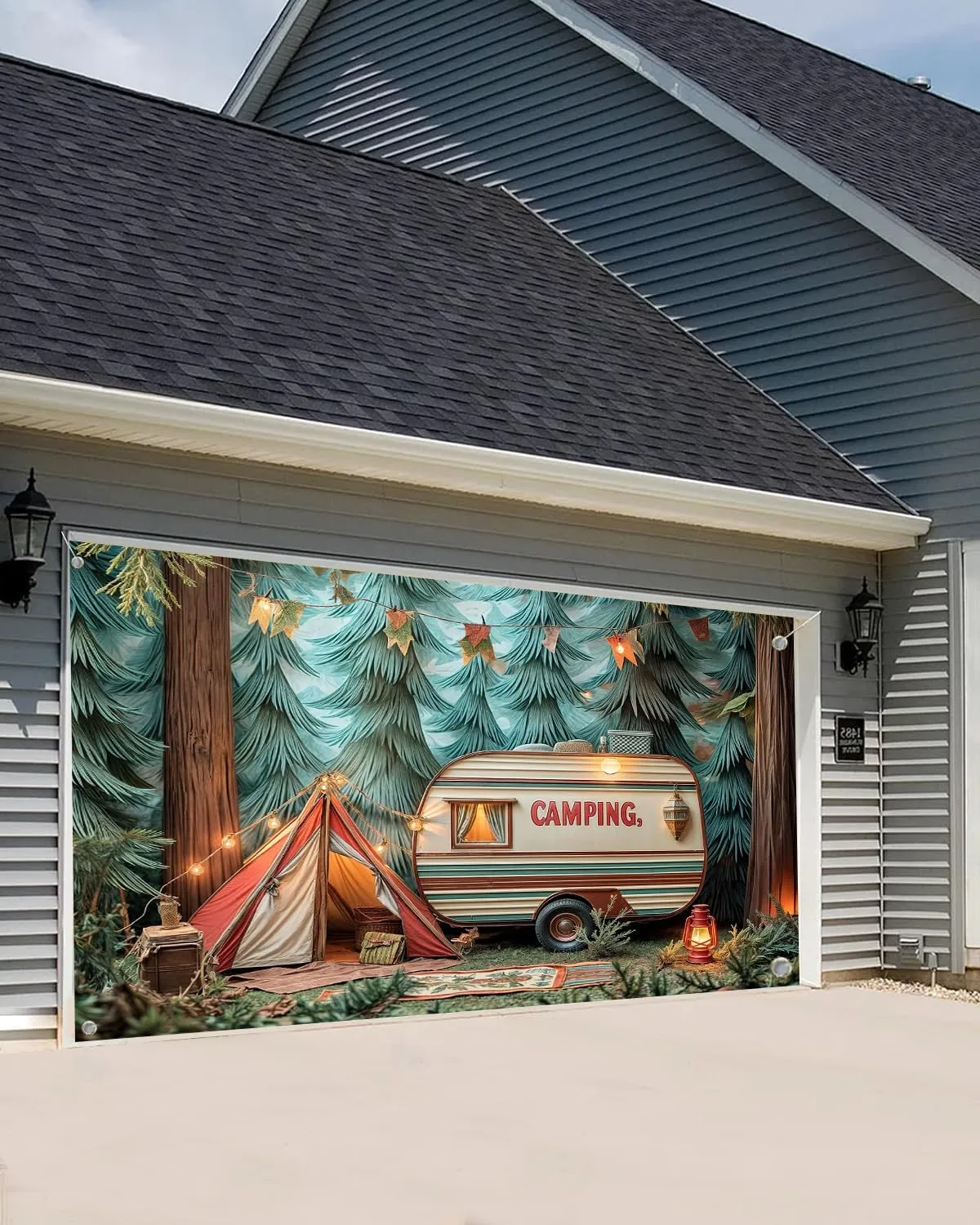 Camping Garage Door Cover Background Forest Night Campfire Tent Car Party Child Birthday Party Backdrop Happy Camper Fishing Camping Party Decoration Outdoor Indoor Banner Cover 8X7FT