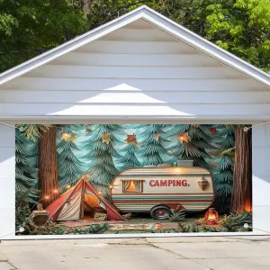Camping Garage Door Cover Background Forest Night Campfire Tent Car Party Child Birthday Party Backdrop Happy Camper Fishing Camping Party Decoration Outdoor Indoor Banner Cover 8X7FT