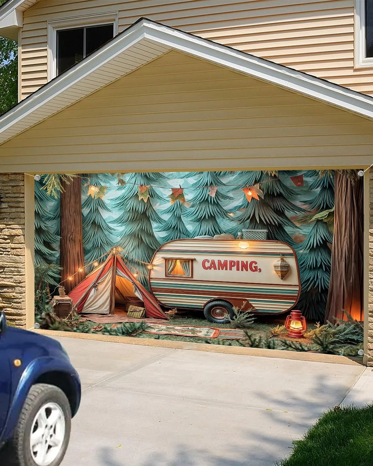 Camping Garage Door Cover Background Forest Night Campfire Tent Car Party Child Birthday Party Backdrop Happy Camper Fishing Camping Party Decoration Outdoor Indoor Banner Cover 8X7FT