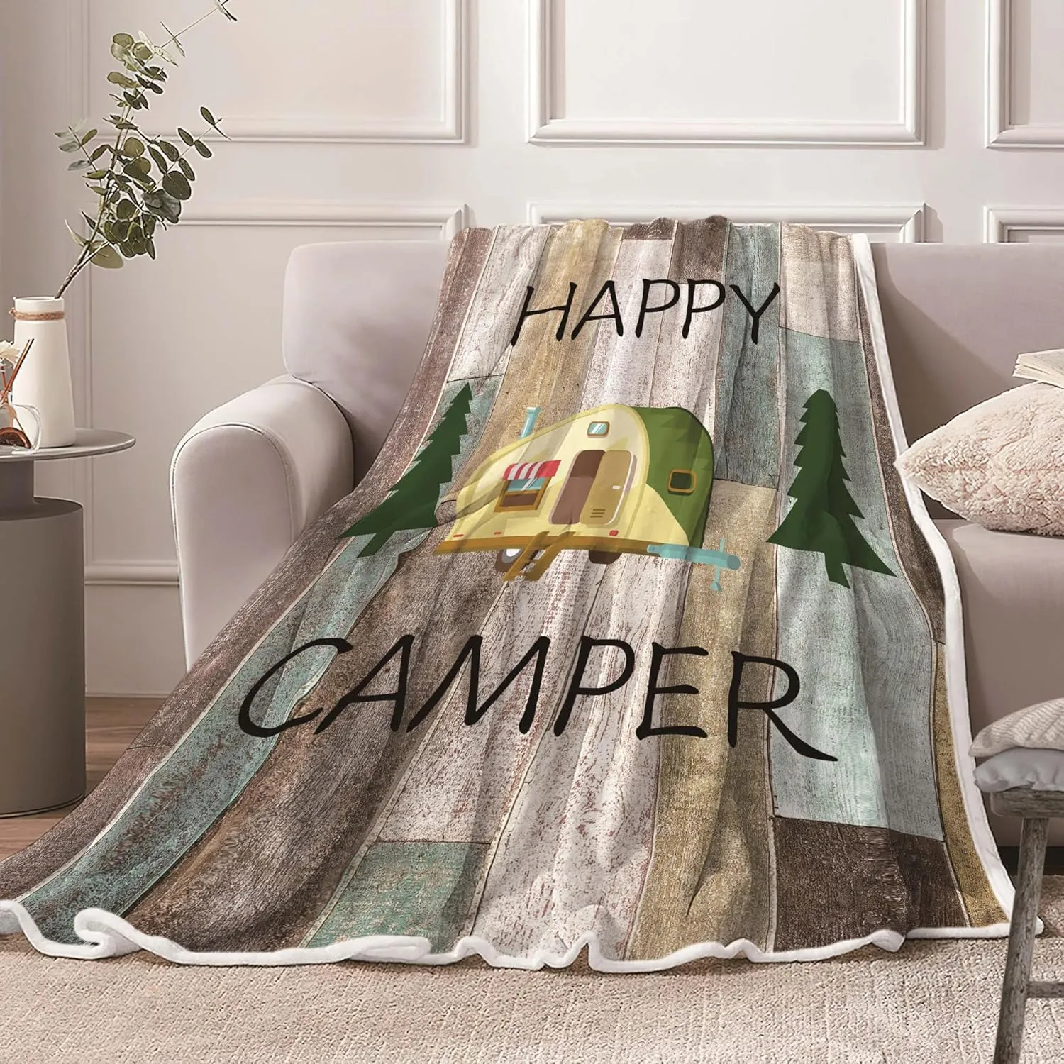 Camping Throw Blanket, Camping Gifts for Camper Outdoor Travel Trailer Blanket, Super Soft Comfy Fleece Flannel Throws Blankets for Couch Bed Sofa Living Room Bedroom Decor Green 50x60 Inch