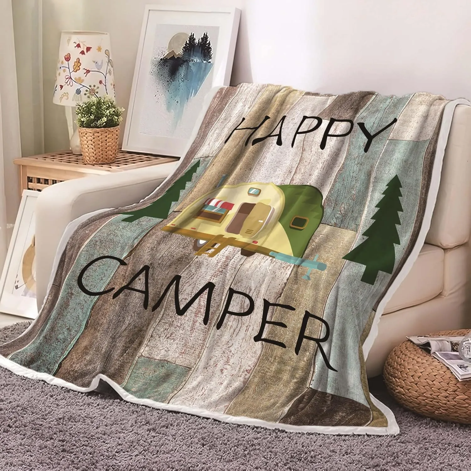 Camping Throw Blanket, Camping Gifts for Camper Outdoor Travel Trailer Blanket, Super Soft Comfy Fleece Flannel Throws Blankets for Couch Bed Sofa Living Room Bedroom Decor Green 50x60 Inch
