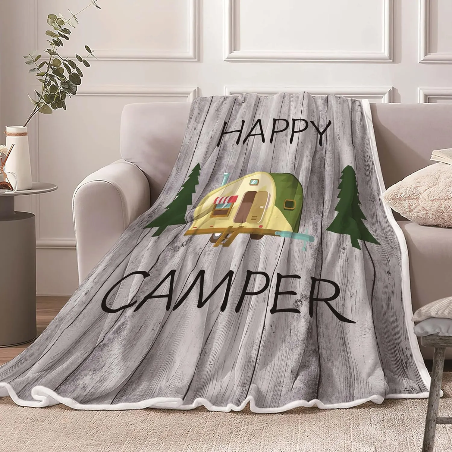 Camping Throw Blanket, Camping Gifts for Camper Outdoor Travel Trailer Blanket, Super Soft Comfy Fleece Flannel Throws Blankets for Couch Bed Sofa Living Room Bedroom Decor Grey 50x60 Inch
