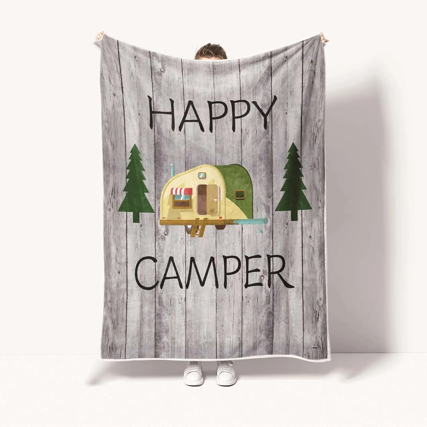 Camping Throw Blanket, Camping Gifts for Camper Outdoor Travel Trailer Blanket, Super Soft Comfy Fleece Flannel Throws Blankets for Couch Bed Sofa Living Room Bedroom Decor Grey 50x60 Inch