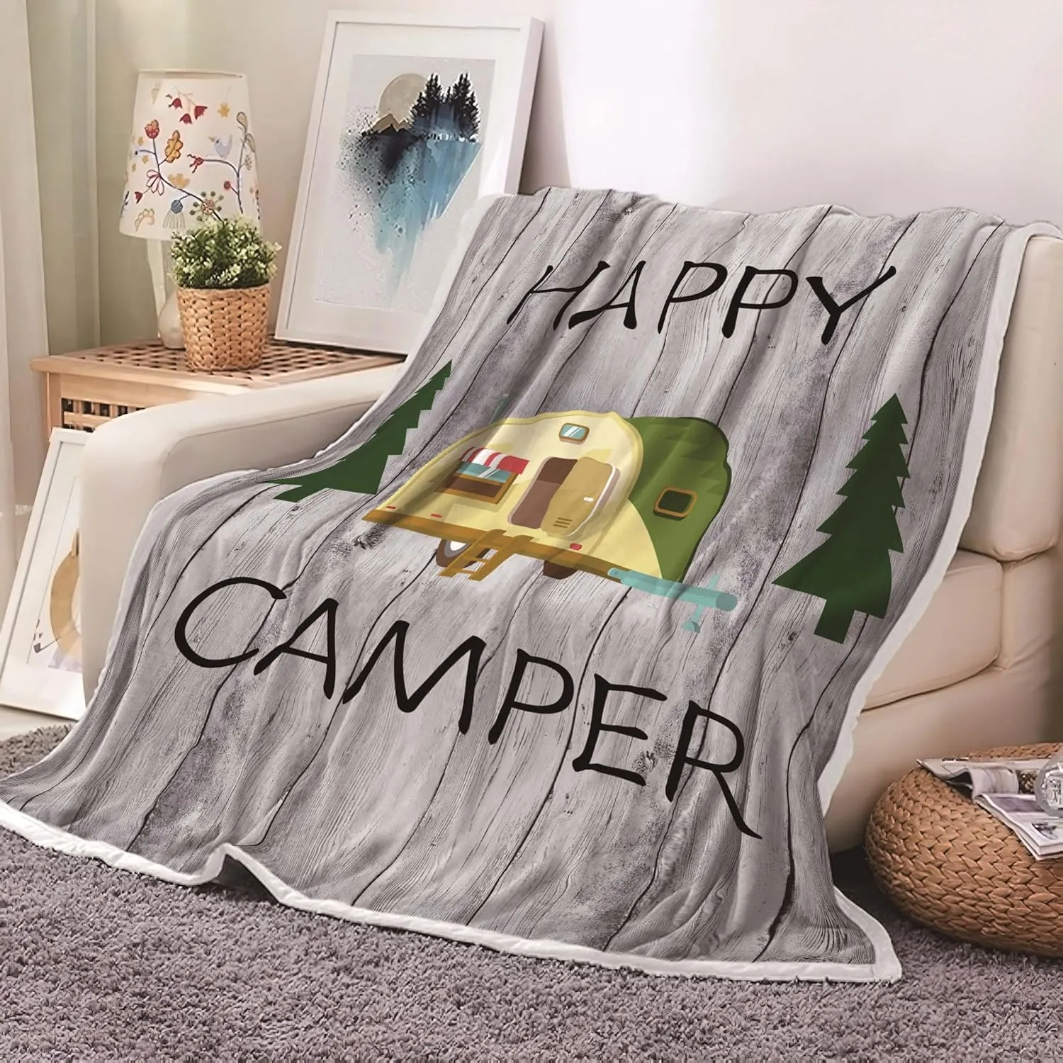 Camping Throw Blanket, Camping Gifts for Camper Outdoor Travel Trailer Blanket, Super Soft Comfy Fleece Flannel Throws Blankets for Couch Bed Sofa Living Room Bedroom Decor Grey 50x60 Inch