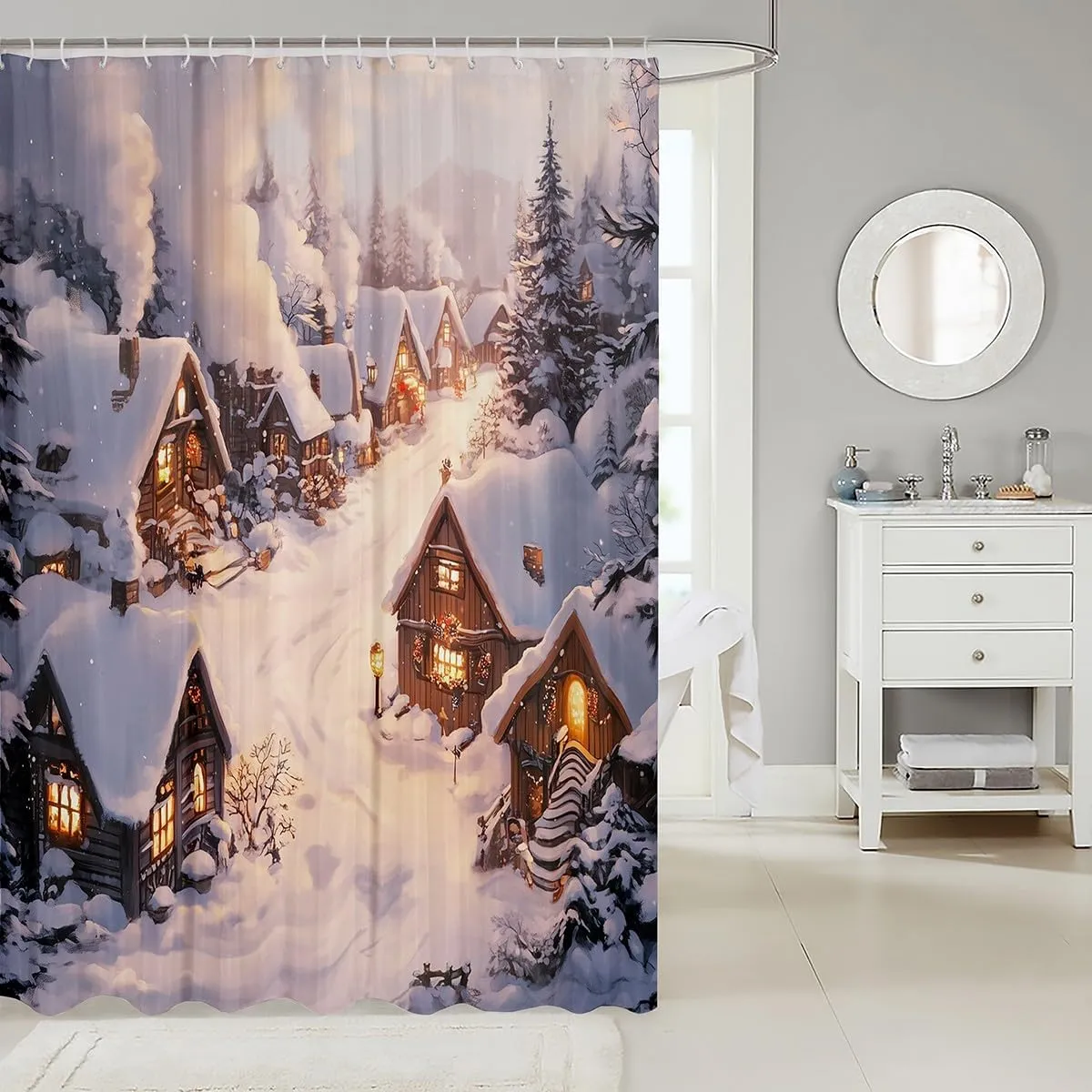 Castle Fairy Farmhouse Shower Curtain Winter Theme Christmas Rustic Style Bathroom Curtain for Kids Teens Adults Retro Wood Cabin Jungle Pine Tree Bath Curtain for Bathtub with 12 Hooks 72" W x 72" L