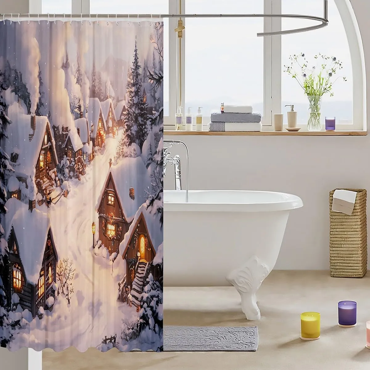 Castle Fairy Farmhouse Shower Curtain Winter Theme Christmas Rustic Style Bathroom Curtain for Kids Teens Adults Retro Wood Cabin Jungle Pine Tree Bath Curtain for Bathtub with 12 Hooks 72" W x 72" L
