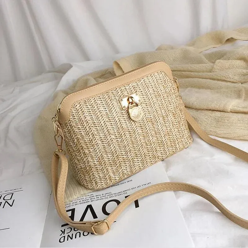 Casual Chains Straw Bucket Bags Women Summer Messenger Bag Rattan Bags Beach Lady Travel Purses and Handbags Shoulder Bag