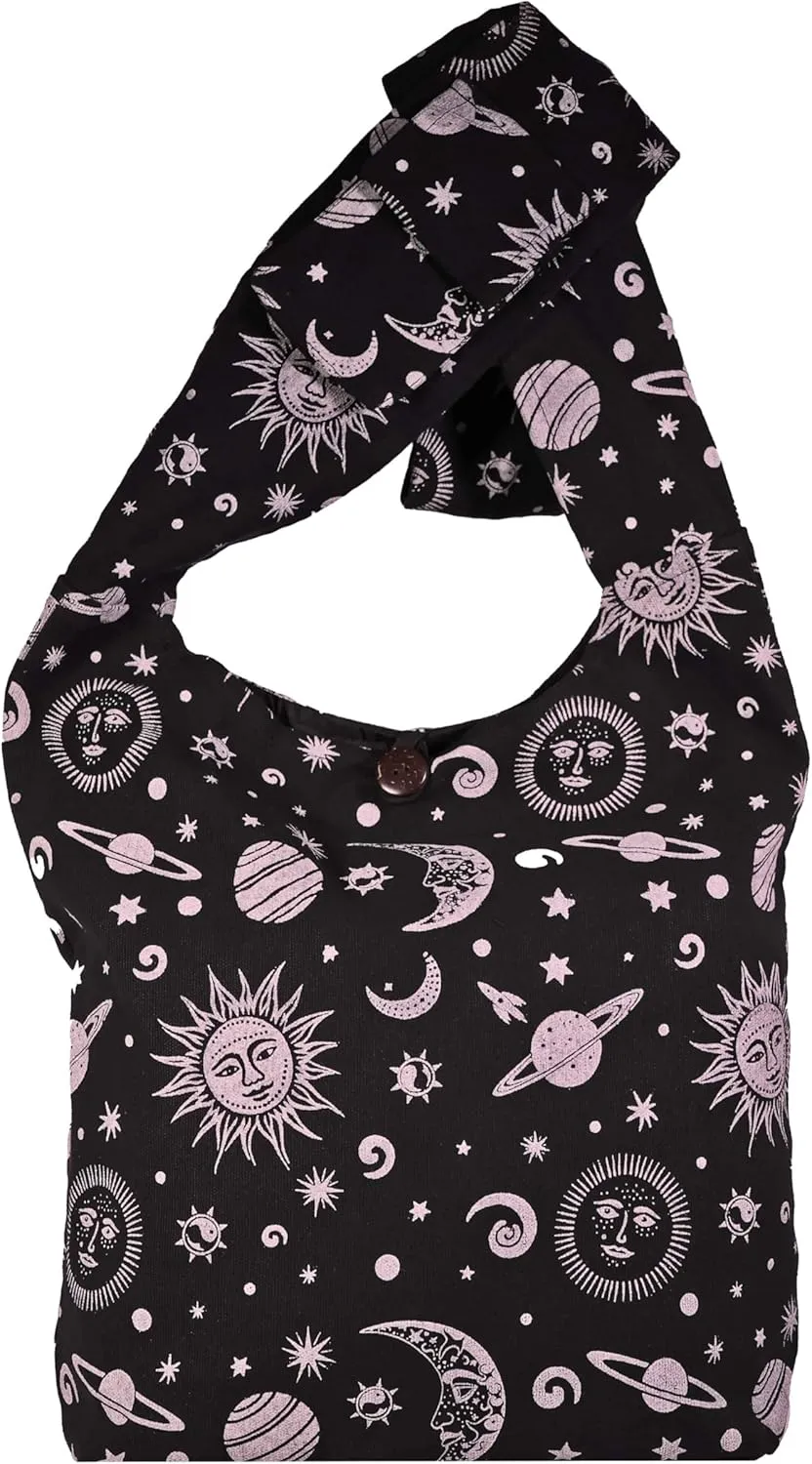 Celestial Sun Moon & Stars Hippie Crossbody Boho Shoulder Bucket Bag