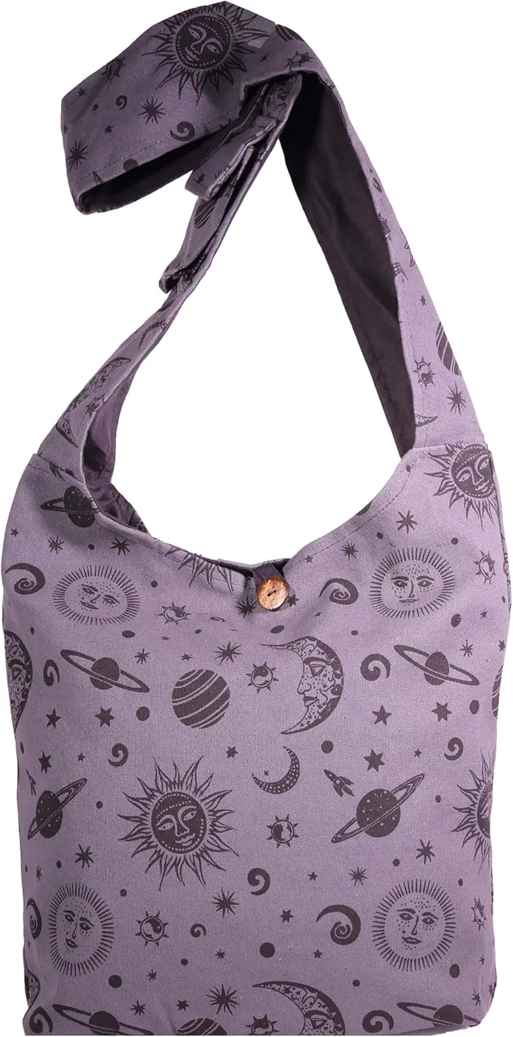 Celestial Sun Moon & Stars Hippie Crossbody Boho Shoulder Bucket Bag