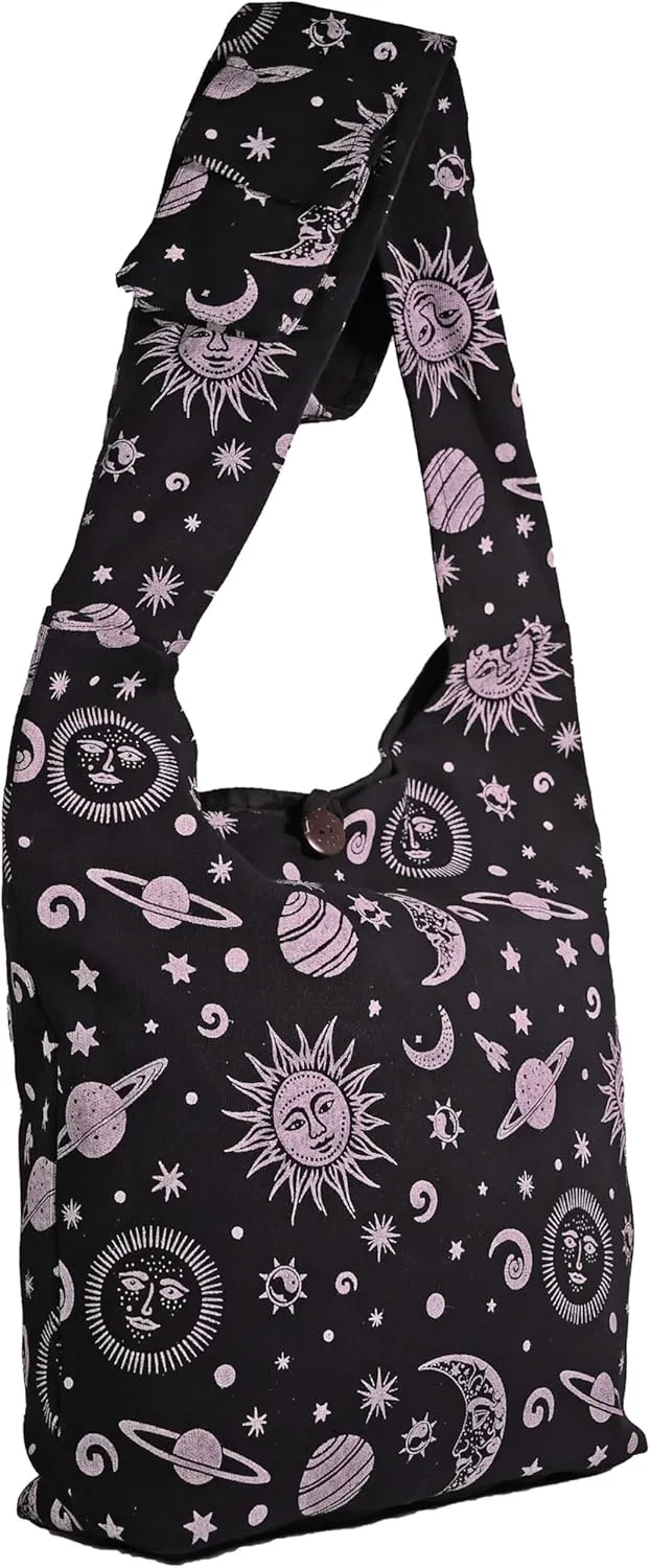 Celestial Sun Moon & Stars Hippie Crossbody Boho Shoulder Bucket Bag