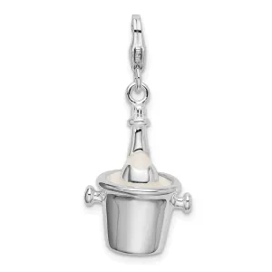 Champagne Bottle In Ice Bucket Clip-On Charm Pendant in Real 925 Sterling Silver