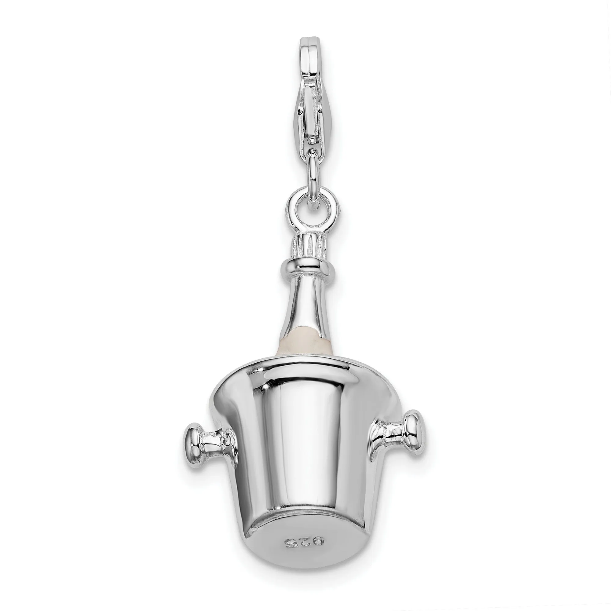 Champagne Bottle In Ice Bucket Clip-On Charm Pendant in Real 925 Sterling Silver