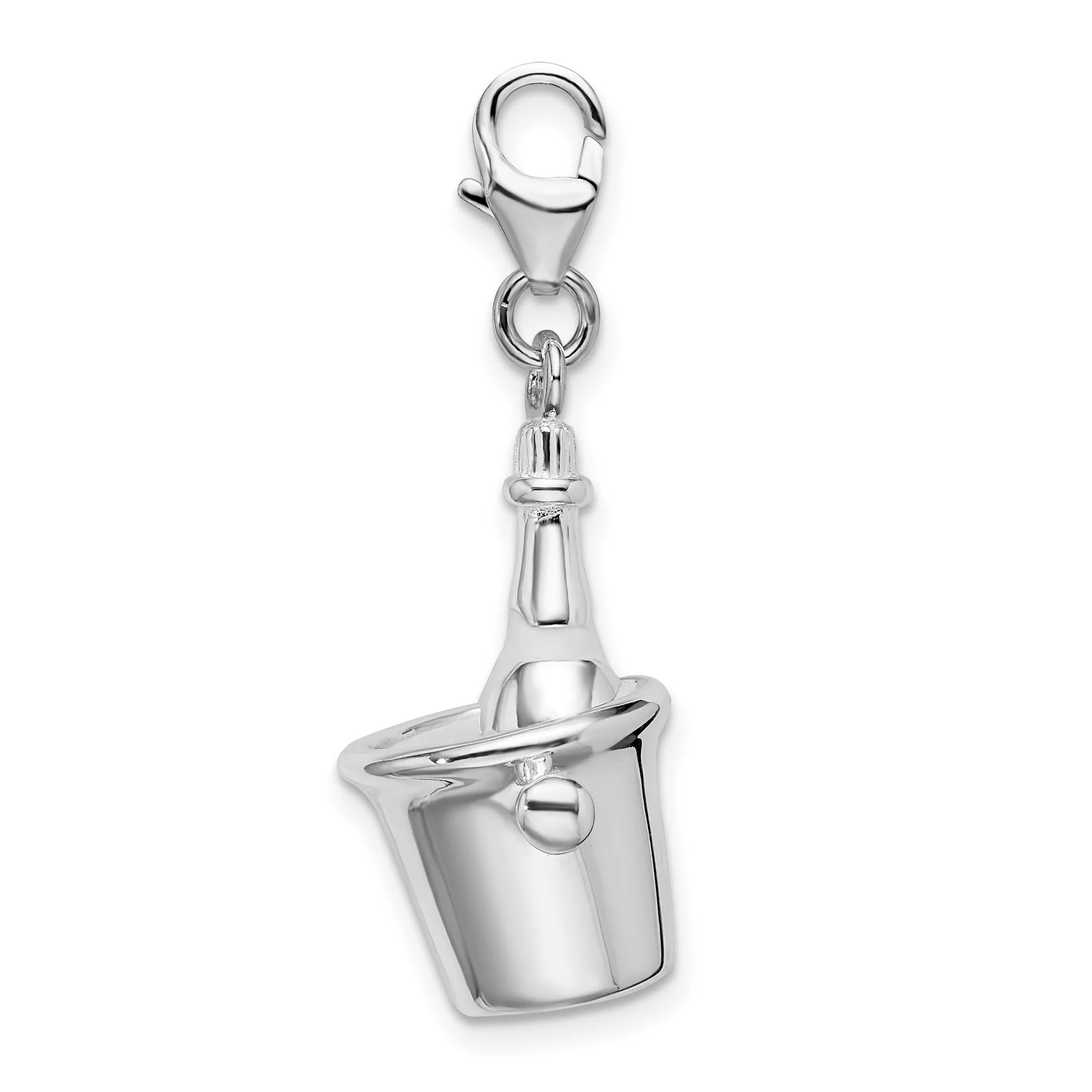 Champagne Bottle In Ice Bucket Clip-On Charm Pendant in Real 925 Sterling Silver