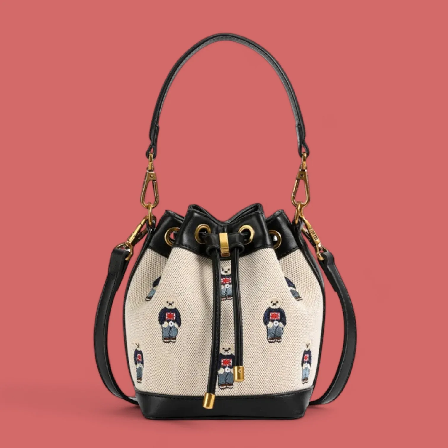Charming Cartoon Bear Embroidered Bucket Crossbody Bag