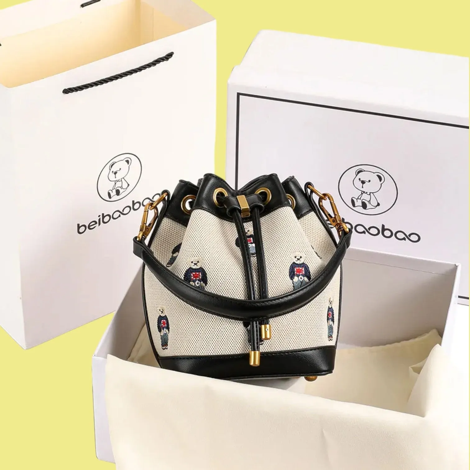 Charming Cartoon Bear Embroidered Bucket Crossbody Bag