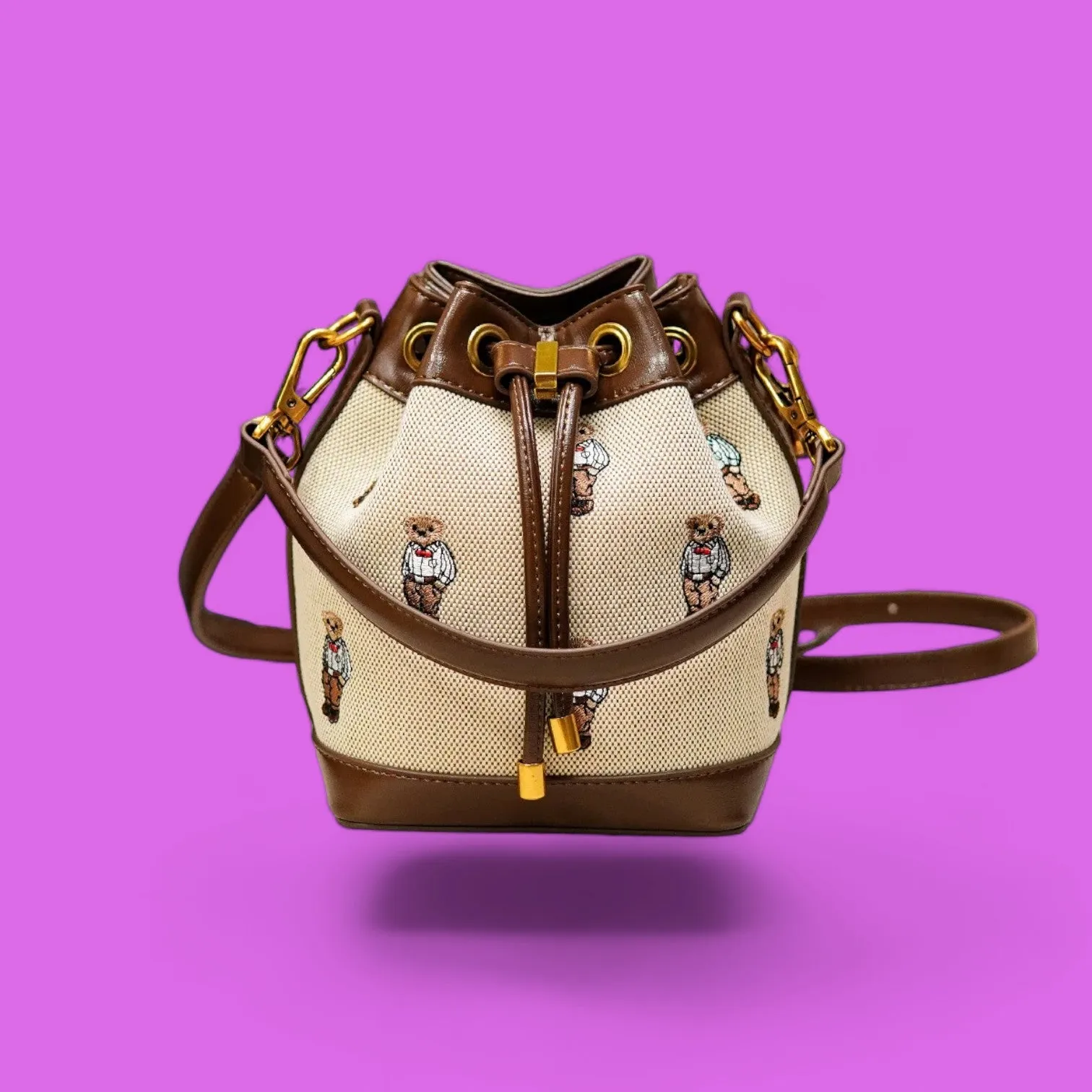 Charming Cartoon Bear Embroidered Bucket Crossbody Bag