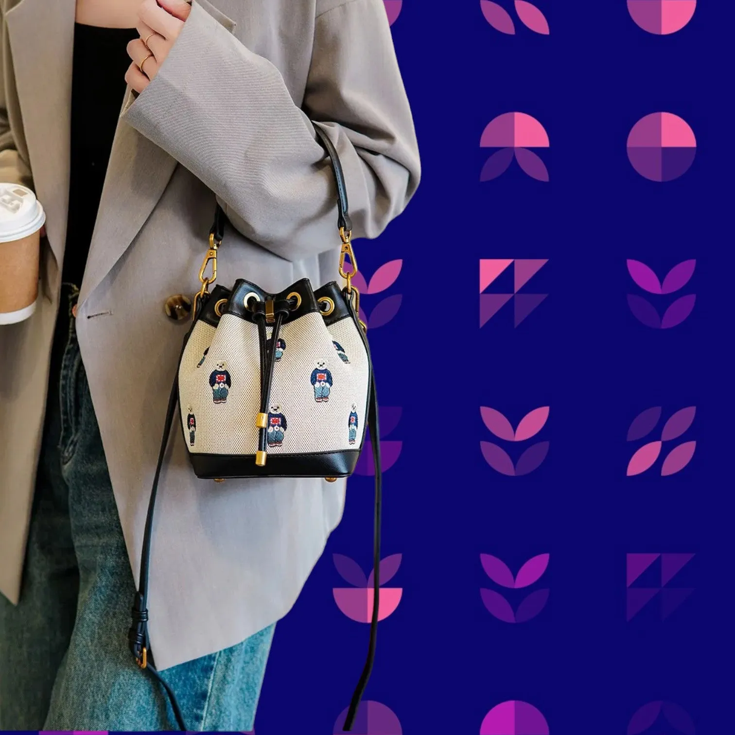 Charming Cartoon Bear Embroidered Bucket Crossbody Bag