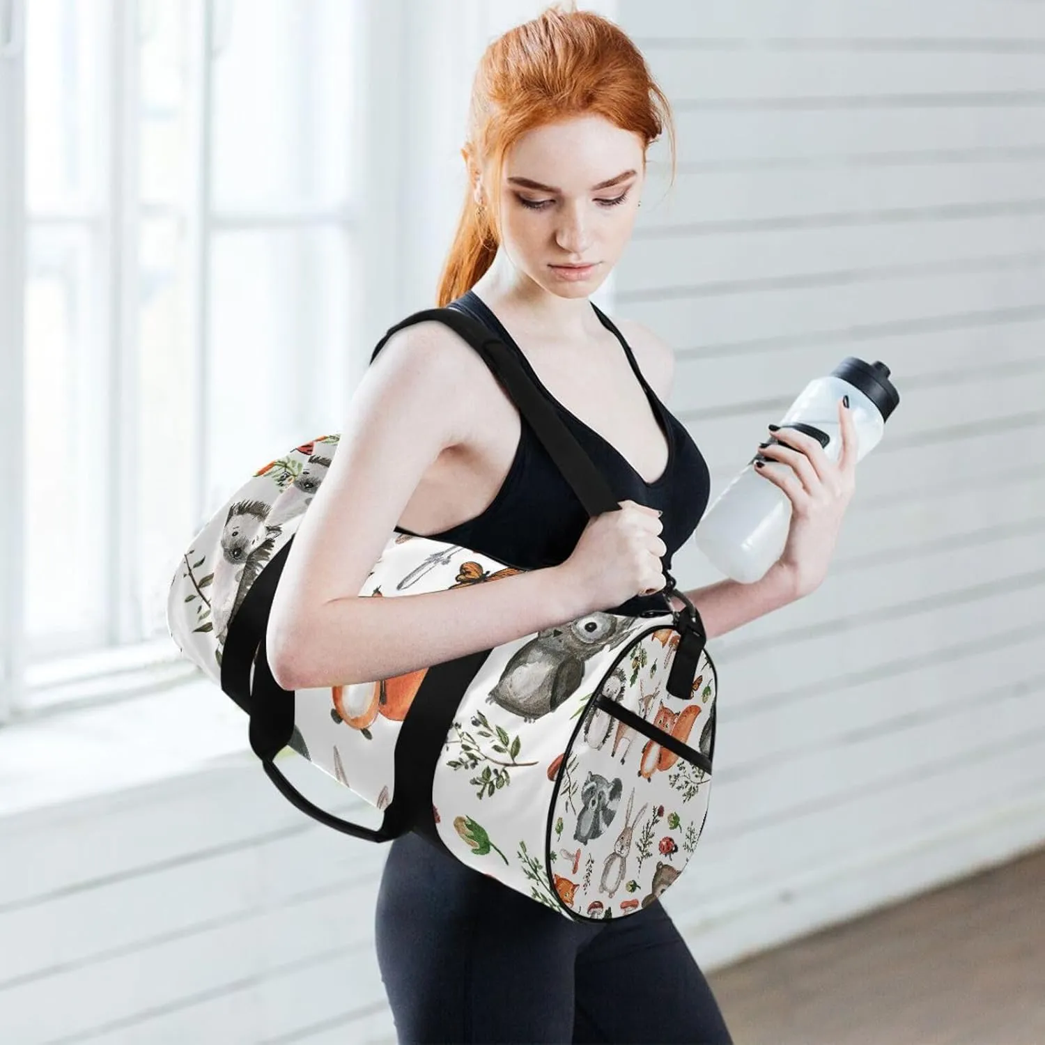 Childish Animals Fox Owl Deer Rabbit Bear Hedgehog Herbs Portable Gym Bag, Travel Bag, Luggage bag, Sports Bag, Toiletry Bag with Handles, Detachable Shoulder Strap 17.6 x 9 x 9 inch