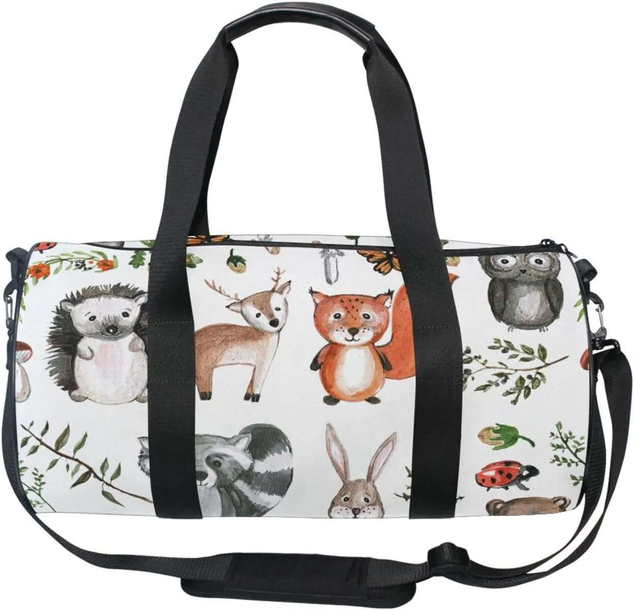 Childish Animals Fox Owl Deer Rabbit Bear Hedgehog Herbs Portable Gym Bag, Travel Bag, Luggage bag, Sports Bag, Toiletry Bag with Handles, Detachable Shoulder Strap 17.6 x 9 x 9 inch