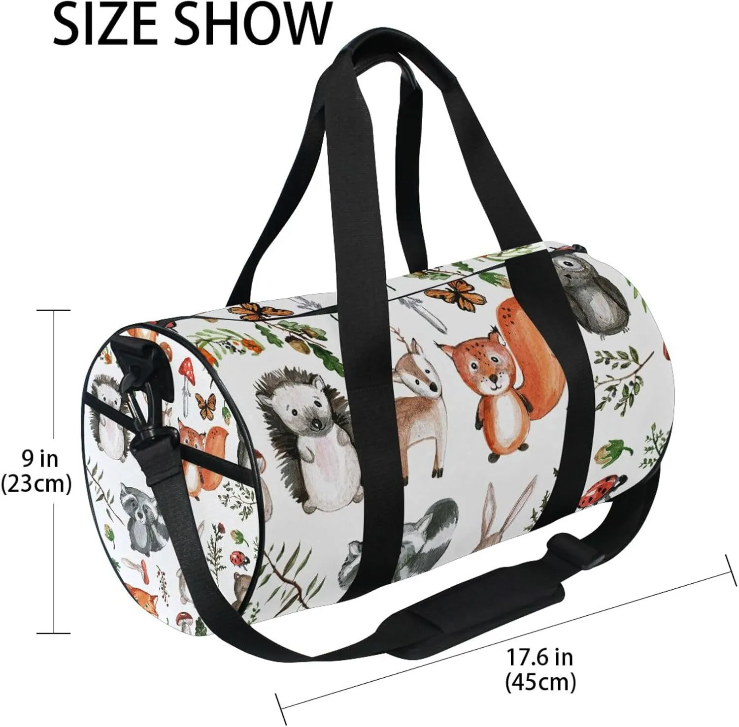 Childish Animals Fox Owl Deer Rabbit Bear Hedgehog Herbs Portable Gym Bag, Travel Bag, Luggage bag, Sports Bag, Toiletry Bag with Handles, Detachable Shoulder Strap 17.6 x 9 x 9 inch