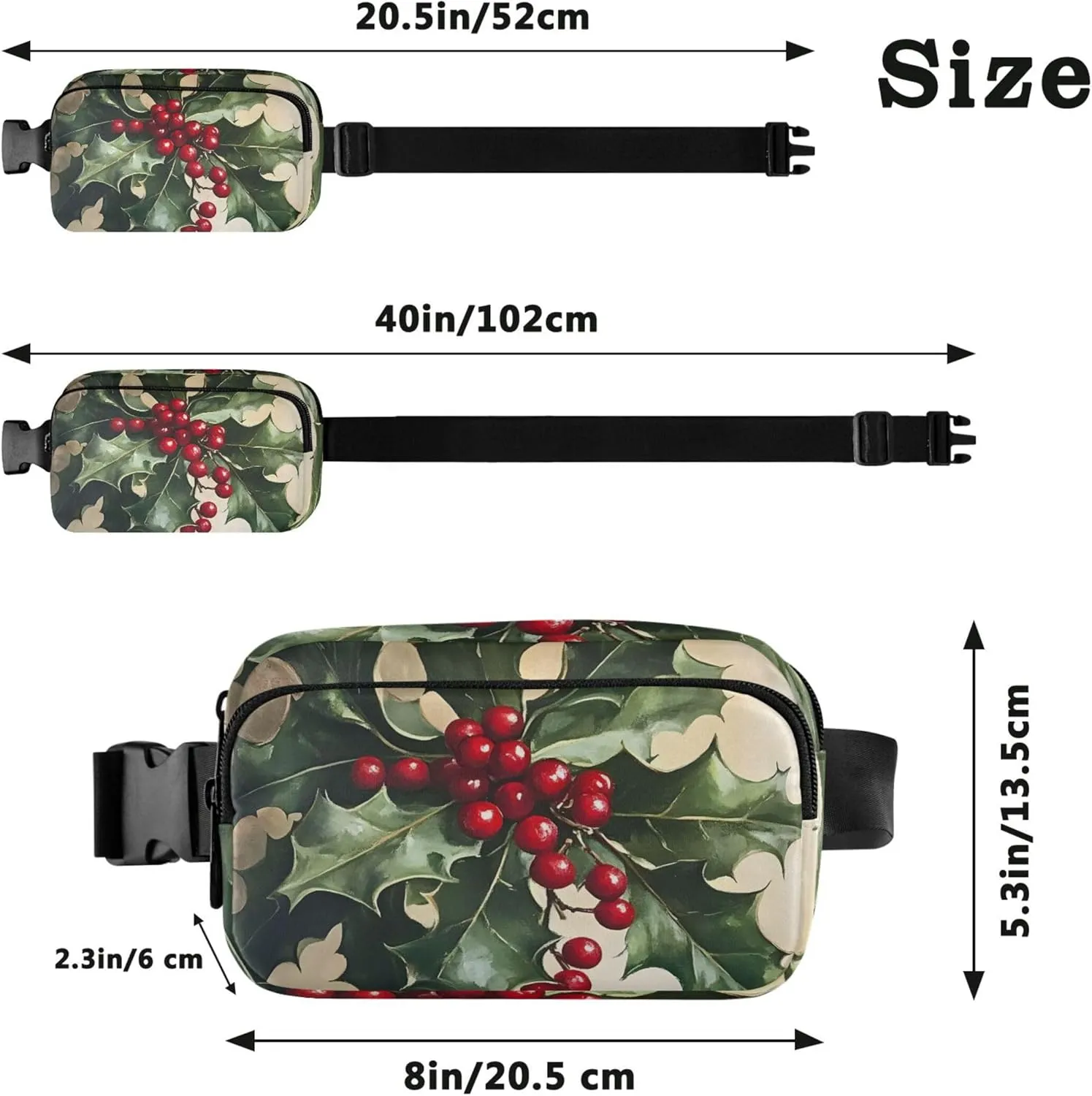 Christmas Holly Waterproof Fanny Pack for Women Everywhere Belt Bag Flower Cross Body Waist Pack