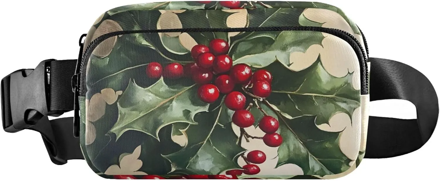 Christmas Holly Waterproof Fanny Pack for Women Everywhere Belt Bag Flower Cross Body Waist Pack