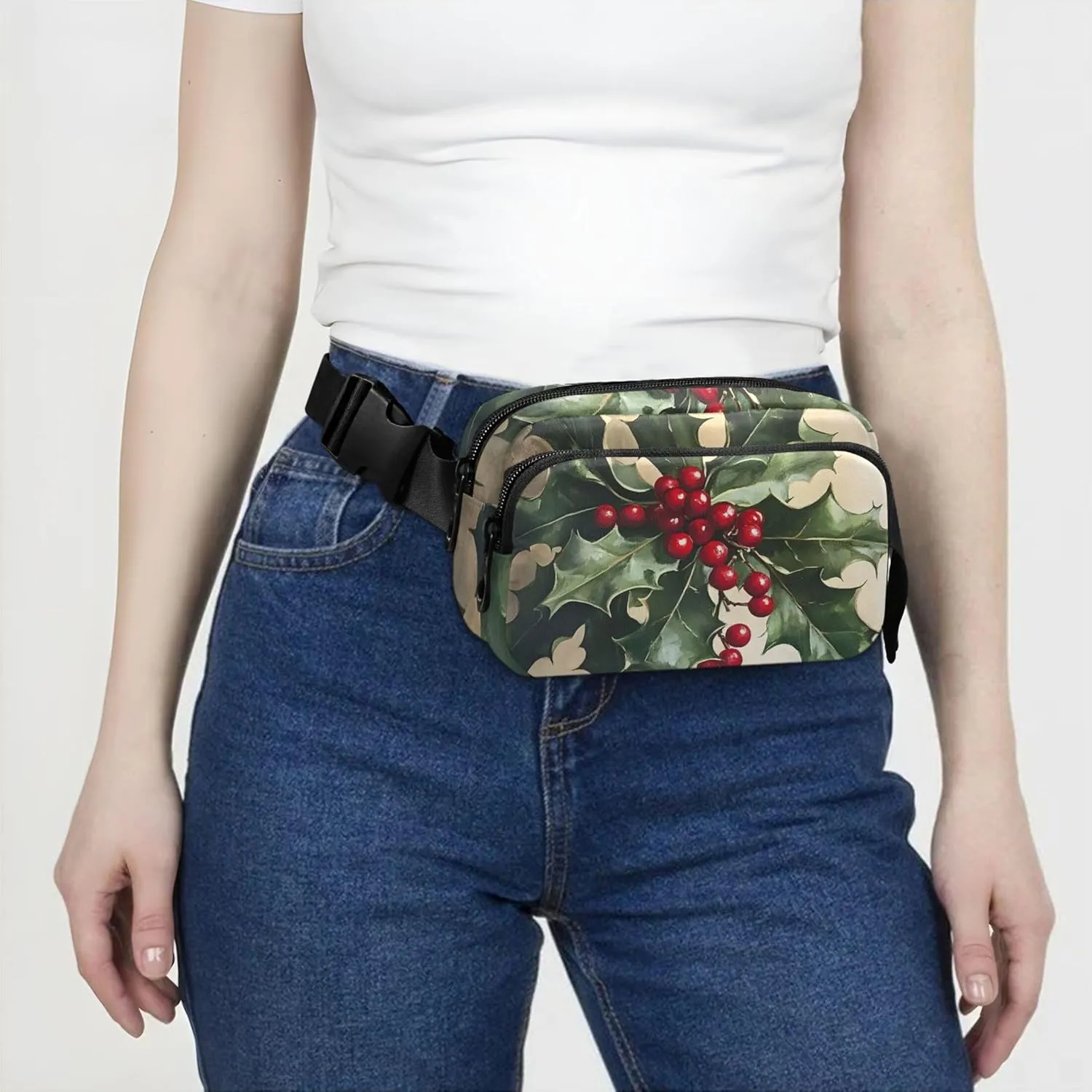 Christmas Holly Waterproof Fanny Pack for Women Everywhere Belt Bag Flower Cross Body Waist Pack