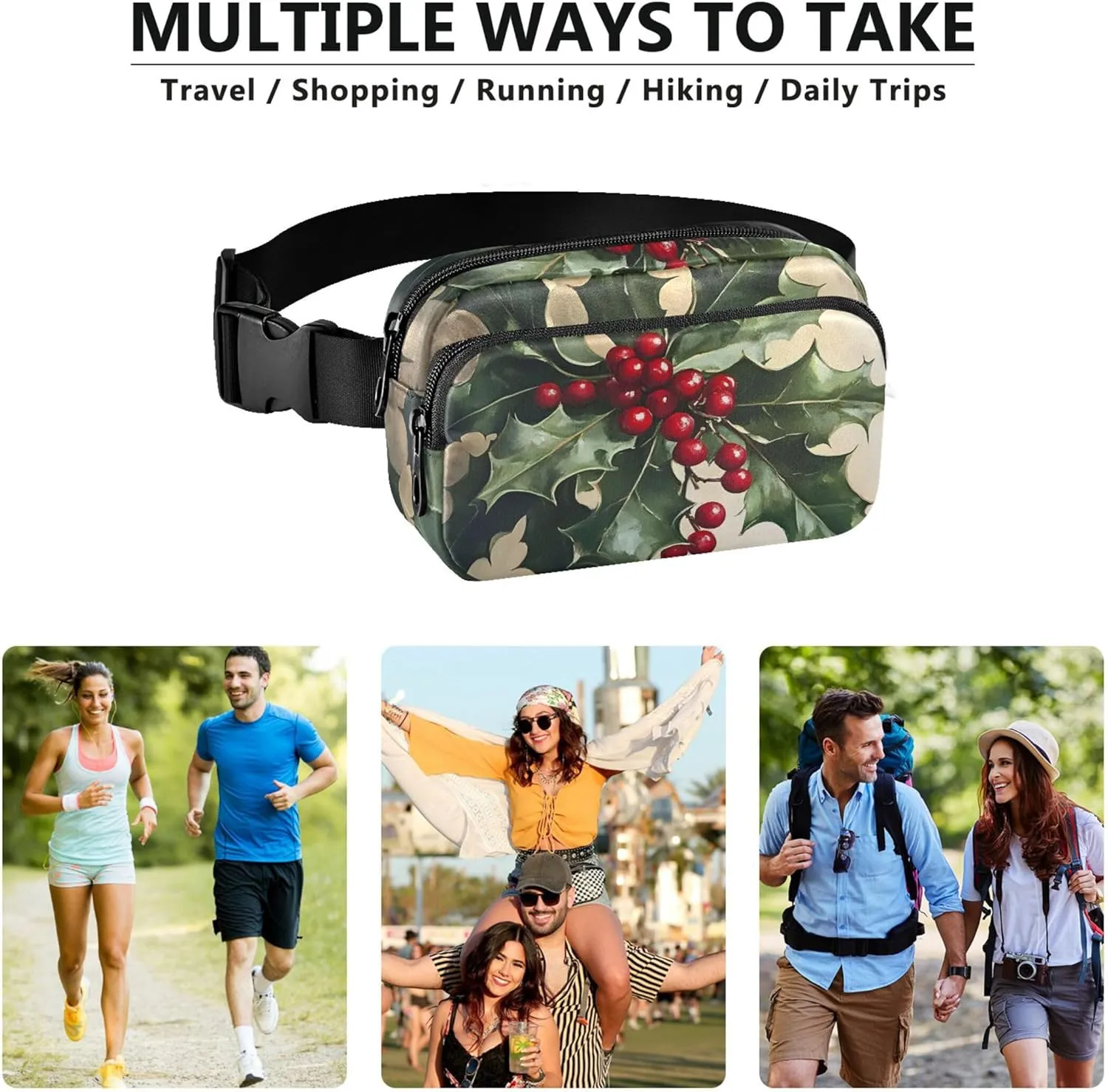 Christmas Holly Waterproof Fanny Pack for Women Everywhere Belt Bag Flower Cross Body Waist Pack