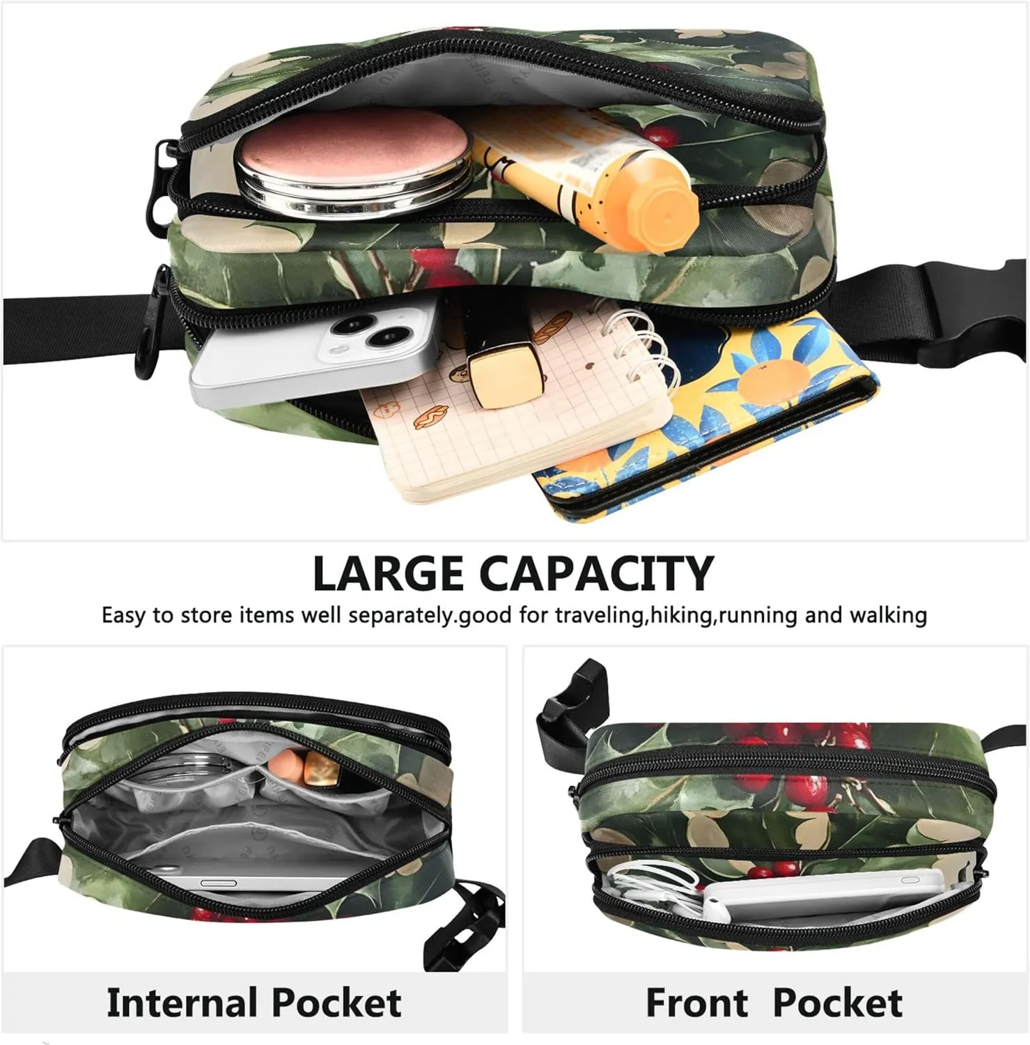 Christmas Holly Waterproof Fanny Pack for Women Everywhere Belt Bag Flower Cross Body Waist Pack