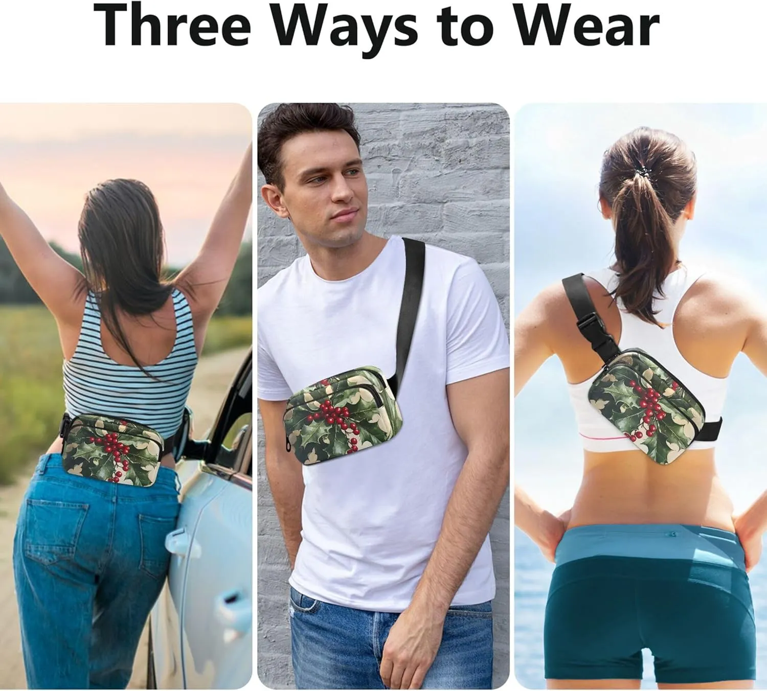 Christmas Holly Waterproof Fanny Pack for Women Everywhere Belt Bag Flower Cross Body Waist Pack