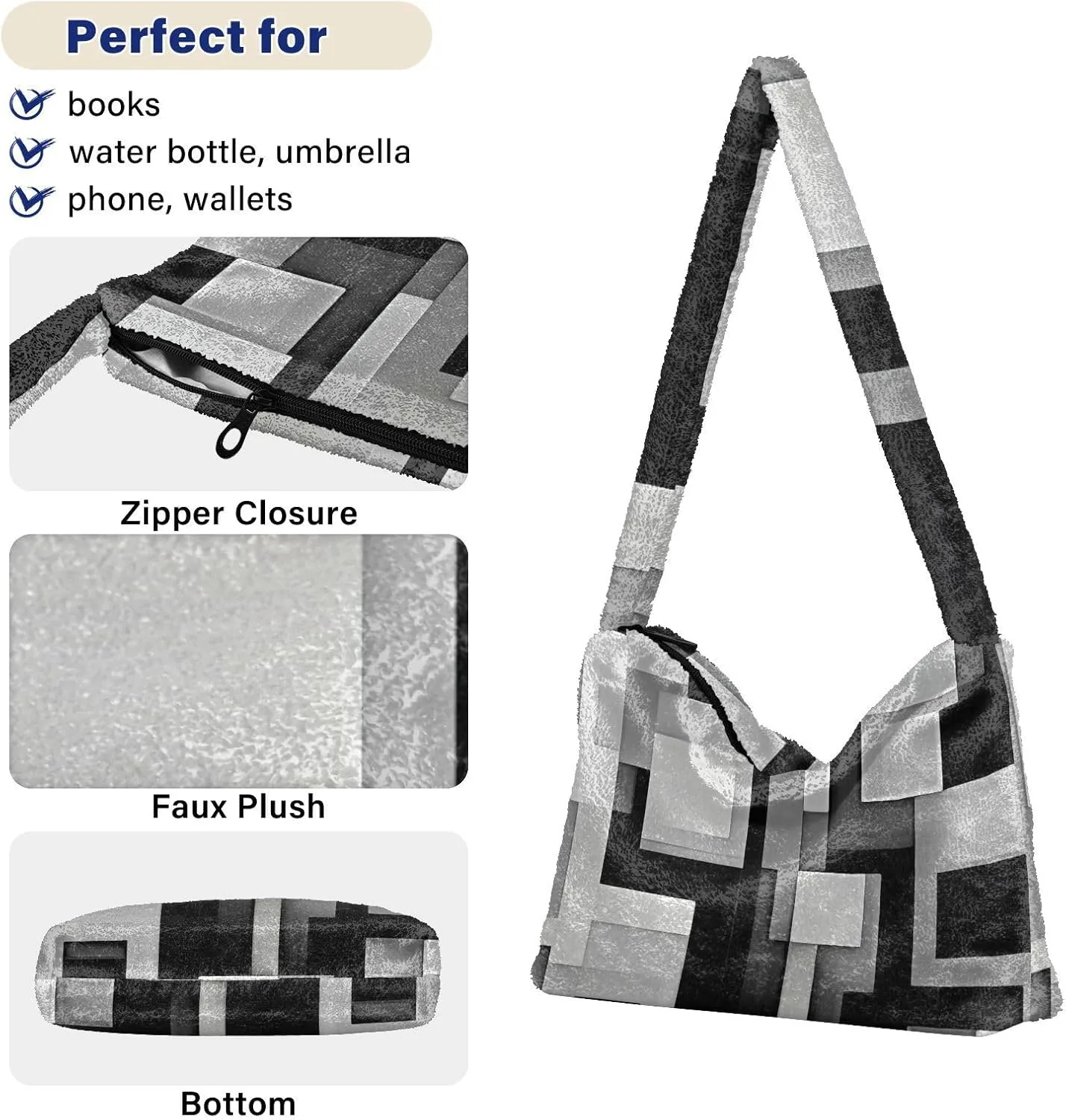 Christmas Symbols Plush Bag, Shoulder Bags with Zipper, Shoulder Bag for Woman