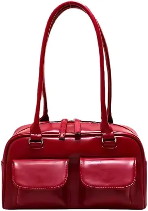 Classic Retro Chic Burgundy Red PU Vegan Leather Shoulder Bag for Women with Double Pockets Timeless Vintage Design Spacious Durable and Versatile Good for Travel Daily Use and for School