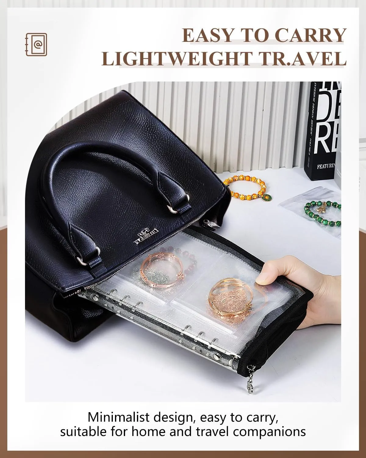 Clear Jewelry Organizer Book Travel Earring Storage Book Transparent Jewelry Book with Zipper Pouch Bags (Black, 48-Piece Clear Bracelets Bags)