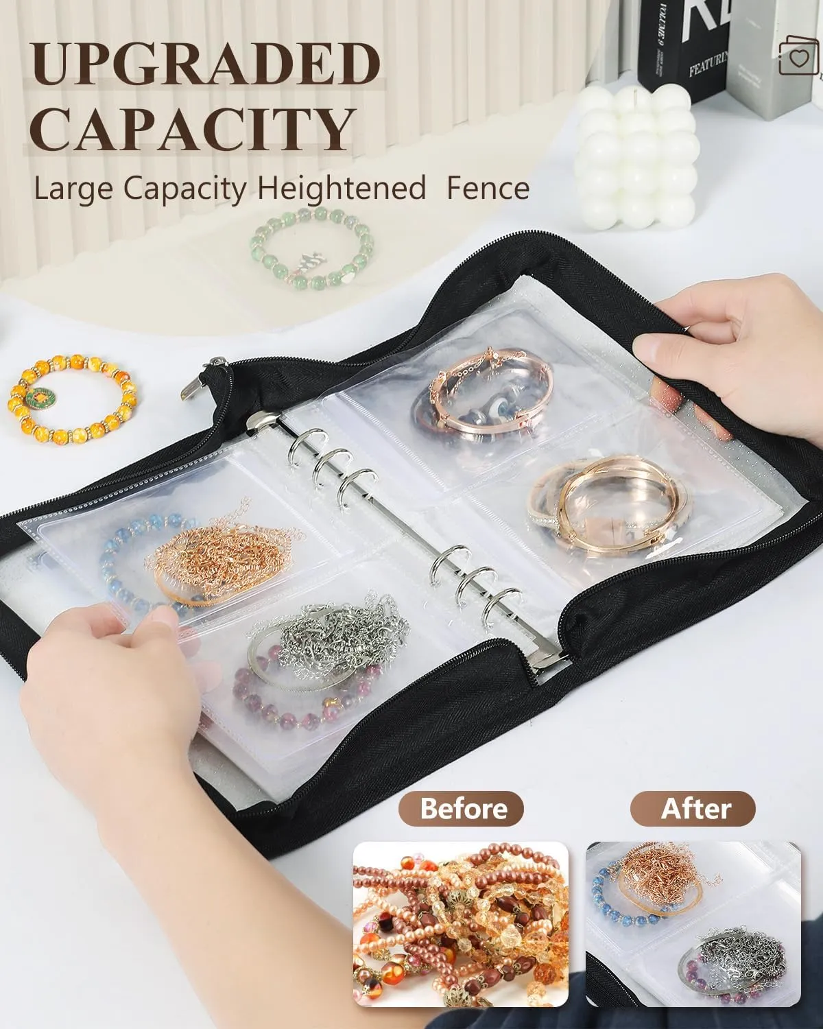 Clear Jewelry Organizer Book Travel Earring Storage Book Transparent Jewelry Book with Zipper Pouch Bags (Black, 48-Piece Clear Bracelets Bags)