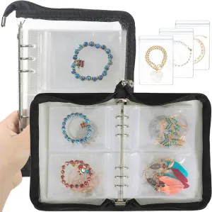 Clear Jewelry Organizer Book Travel Earring Storage Book Transparent Jewelry Book with Zipper Pouch Bags (Black, 48-Piece Clear Bracelets Bags)