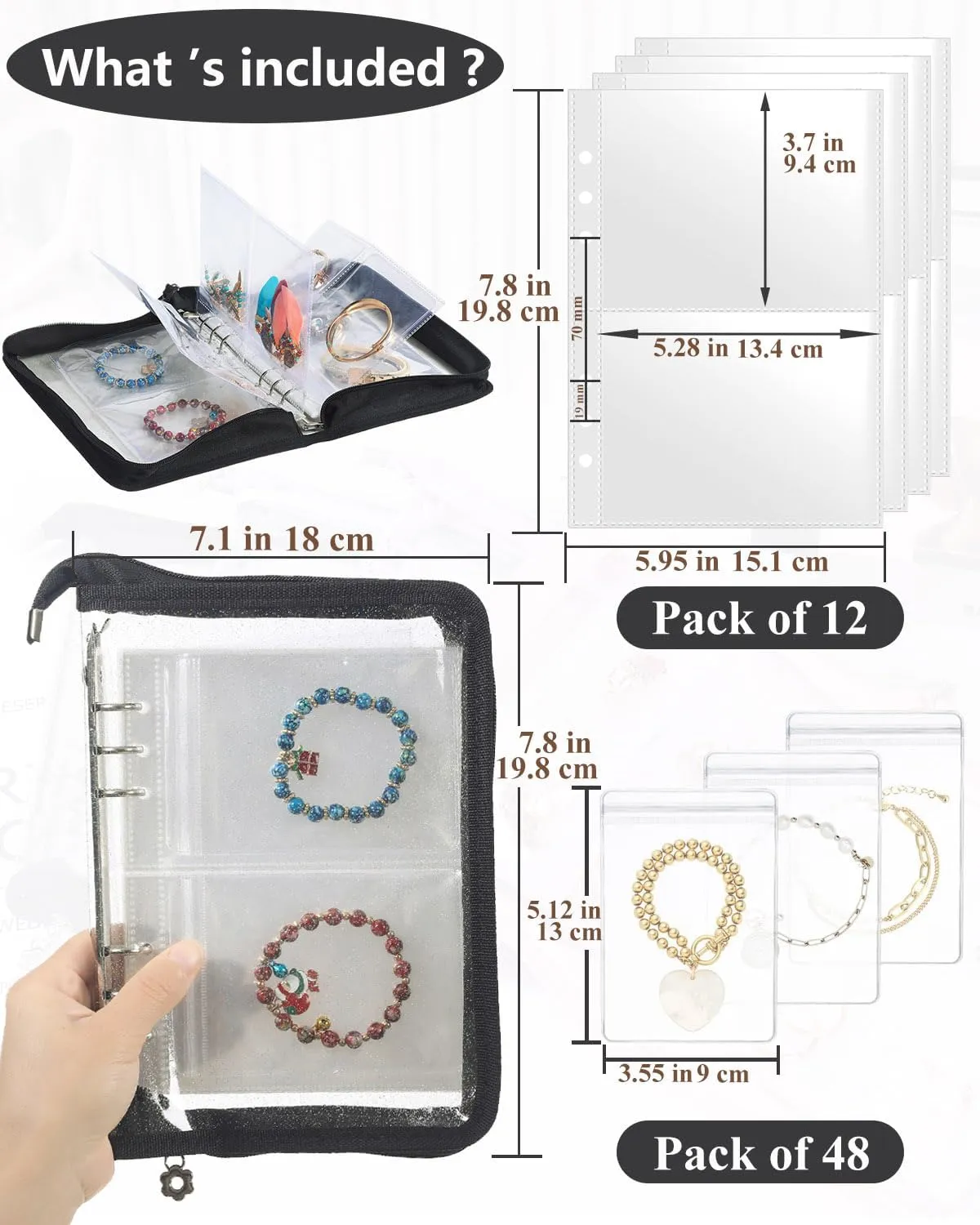 Clear Jewelry Organizer Book Travel Earring Storage Book Transparent Jewelry Book with Zipper Pouch Bags (Black, 48-Piece Clear Bracelets Bags)