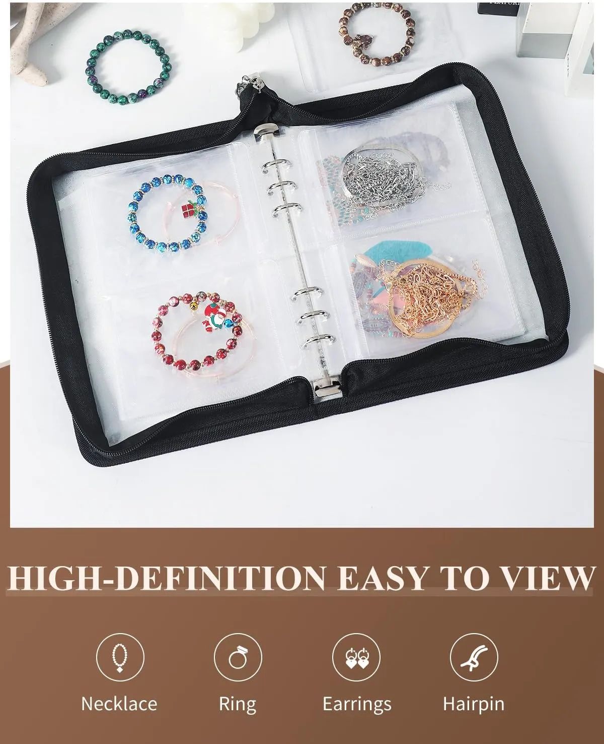 Clear Jewelry Organizer Book Travel Earring Storage Book Transparent Jewelry Book with Zipper Pouch Bags (Black, 48-Piece Clear Bracelets Bags)