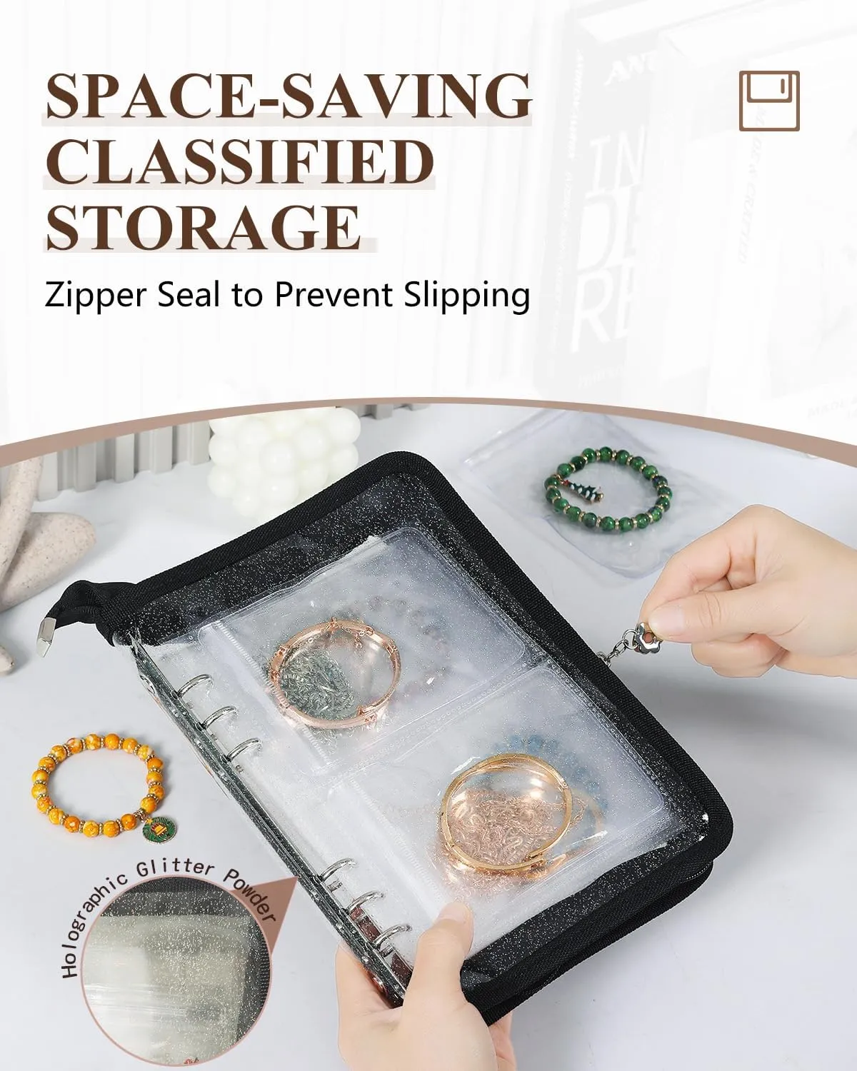 Clear Jewelry Organizer Book Travel Earring Storage Book Transparent Jewelry Book with Zipper Pouch Bags (Black, 48-Piece Clear Bracelets Bags)