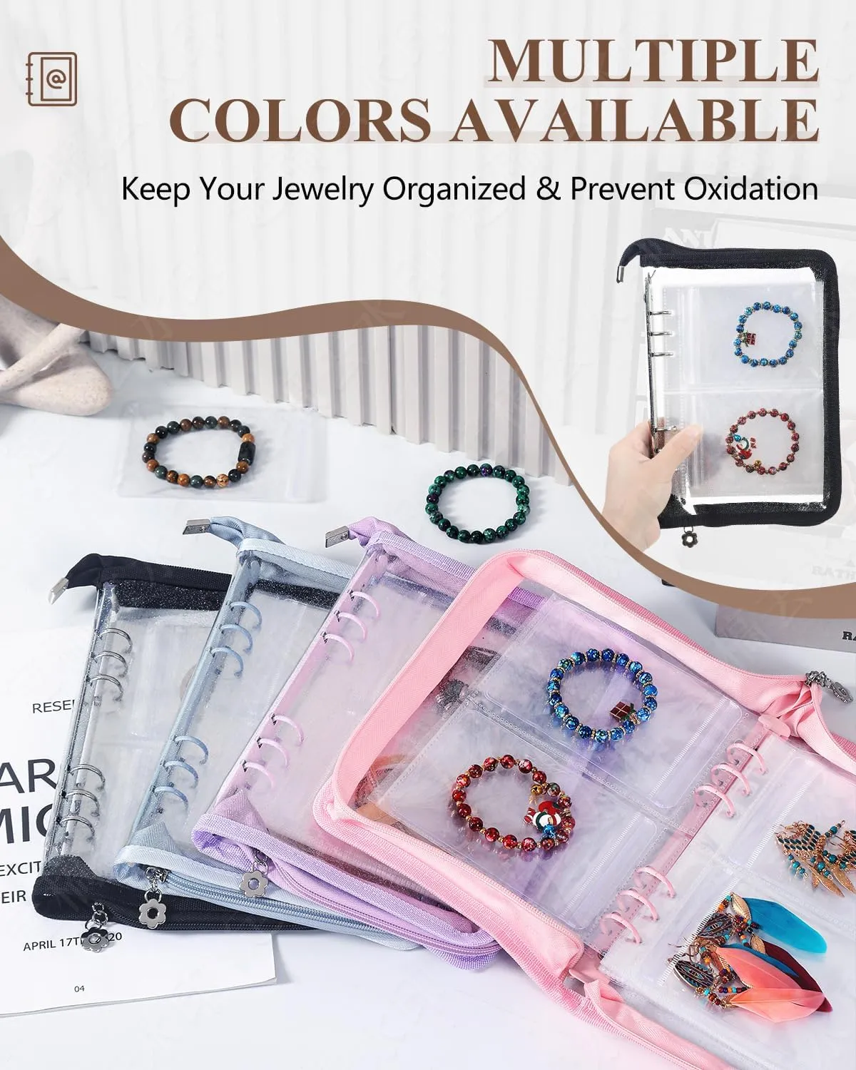 Clear Jewelry Organizer Book Travel Earring Storage Book Transparent Jewelry Book with Zipper Pouch Bags (Black, 48-Piece Clear Bracelets Bags)
