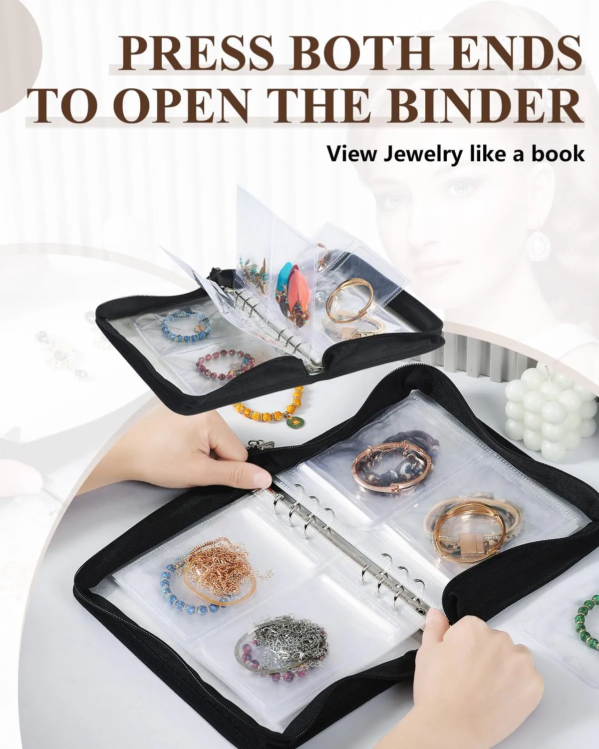 Clear Jewelry Organizer Book Travel Earring Storage Book Transparent Jewelry Book with Zipper Pouch Bags (Black, 48-Piece Clear Bracelets Bags)