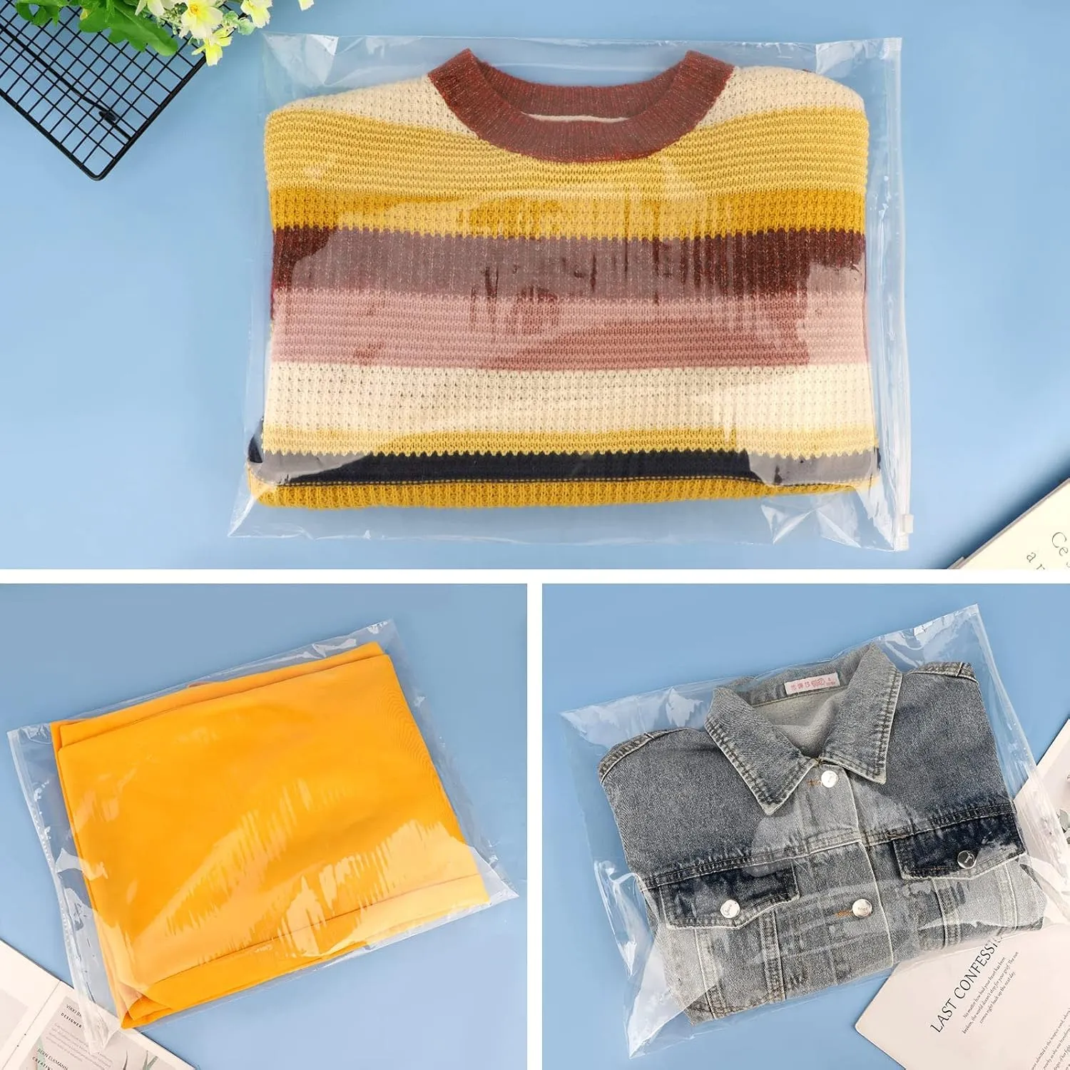 Clear Zipper Poly Bags, 50 Pcs 14x18 Inch Reclosable Plastic Bags Ziplock, with Zip Slider for Sweater Packaging, Clothing Mailing Selling Shipping, 3 Mil with Air Hole