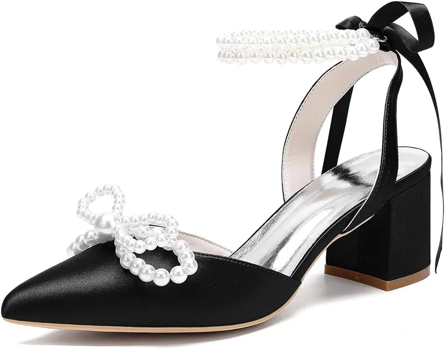 Closed Toe Pearl Block Heels Satin Wedding Shoes for Bride Low Heels with Bow Ankle Strap Bridal Shoes Chunky Slingback Heels Pumps for Women