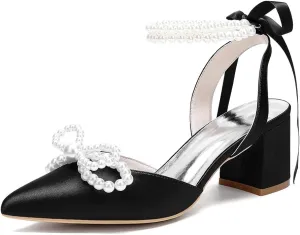 Closed Toe Pearl Block Heels Satin Wedding Shoes for Bride Low Heels with Bow Ankle Strap Bridal Shoes Chunky Slingback Heels Pumps for Women