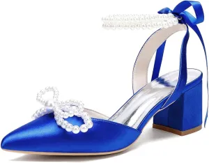 Closed Toe Pearl Block Heels Satin Wedding Shoes for Bride Low Heels with Bow Ankle Strap Bridal Shoes Chunky Slingback Heels Pumps for Women