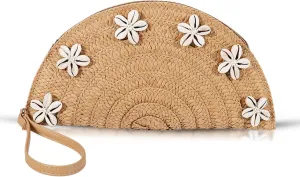 Clutch Purses for Women, Straw Beach Bag, Bohemian Handmade Woven Envelope Package, Shell flower Tassel Summer Handbags for Vacation, Travel(Khaki)