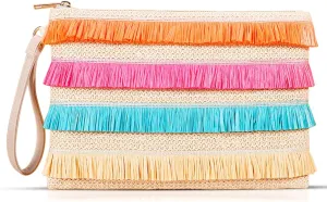 Clutch Purses for Women, Straw Beach Bag, Bohemian Handmade Woven Envelope Wallet, Color Tassel with Zipper Handbags for Women Vacation, Travel(Beige)