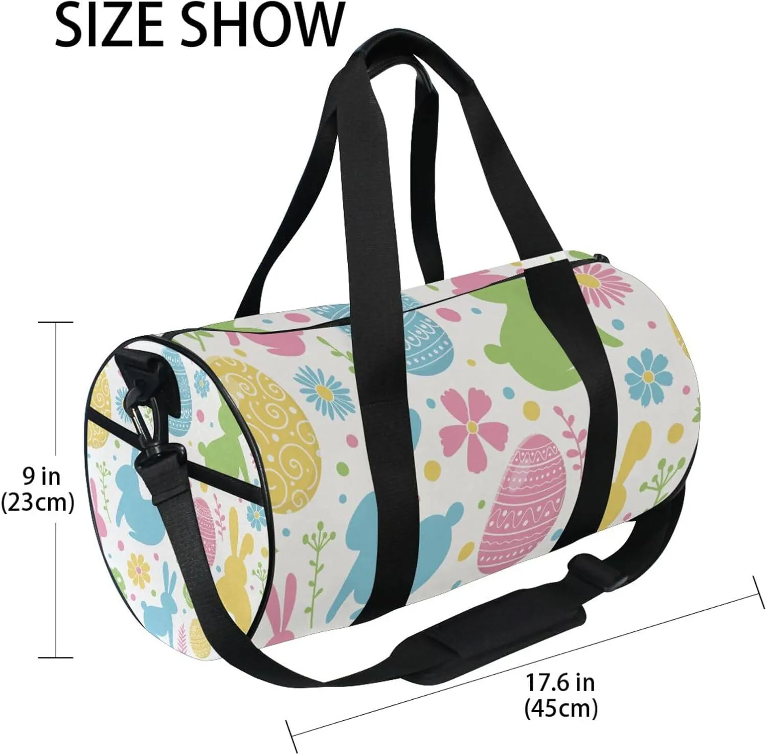 Colorful Easter Day Ethnic Tribal Eggs, Bunnies Flowers on White Portable Gym Bag, Travel Bag, Luggage bag, Sports Bag, Toiletry Bag with Handles, Detachable Shoulder Strap 17.6 x 9 x 9 inch