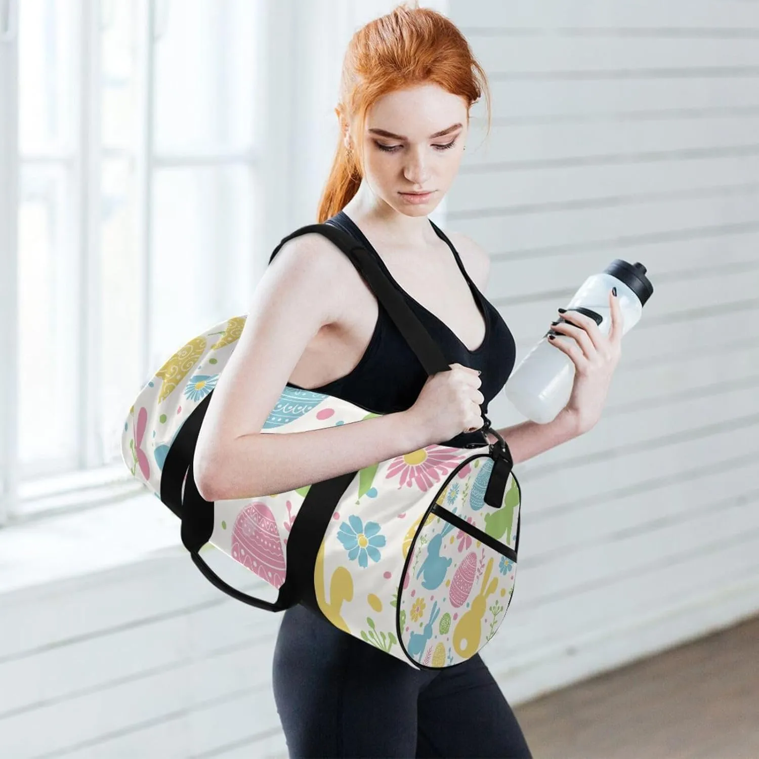 Colorful Easter Day Ethnic Tribal Eggs, Bunnies Flowers on White Portable Gym Bag, Travel Bag, Luggage bag, Sports Bag, Toiletry Bag with Handles, Detachable Shoulder Strap 17.6 x 9 x 9 inch