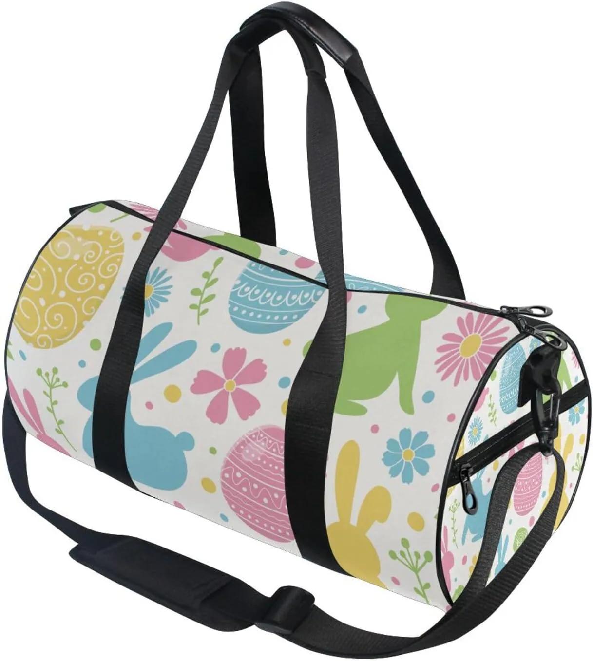 Colorful Easter Day Ethnic Tribal Eggs, Bunnies Flowers on White Portable Gym Bag, Travel Bag, Luggage bag, Sports Bag, Toiletry Bag with Handles, Detachable Shoulder Strap 17.6 x 9 x 9 inch